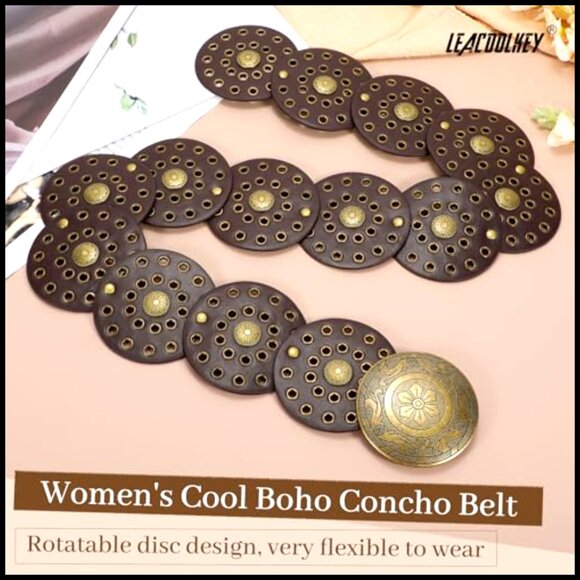 Wide Western Leather Belt Boho Disc Concho Vintage Style Adjustable Waist main image 5